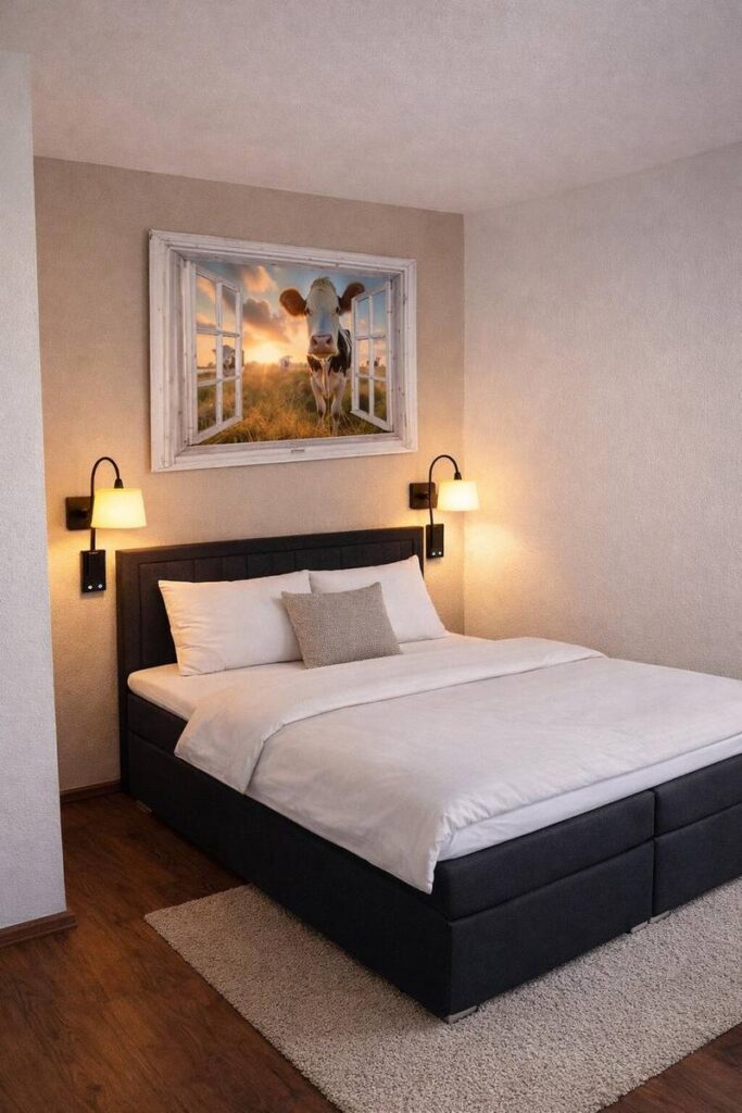 Schlafzimmer mit Boxspringbett, weißer Bettwäsche und Leselampen