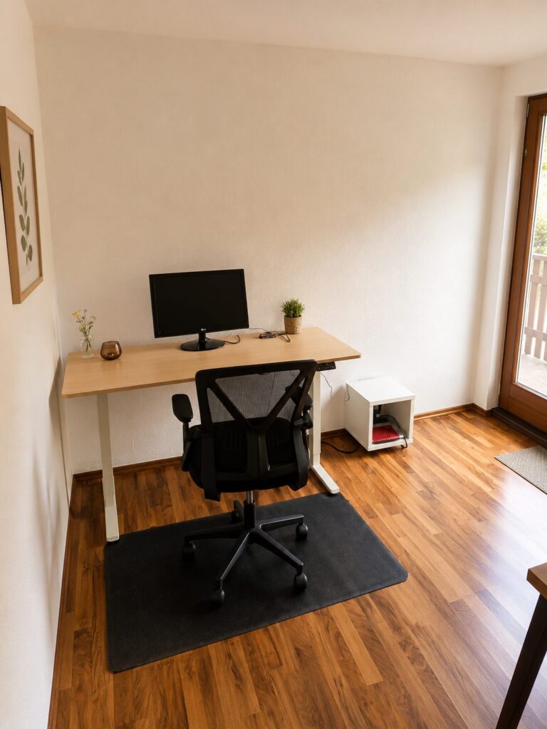 Arbeitsplatz mit Schreibtisch, Bildschirm und Bürostuhl