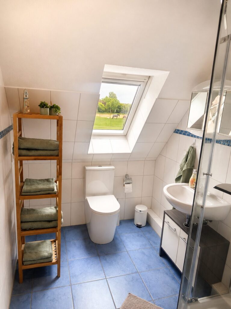 Bad mit Dachfenster, Regal und Dusche