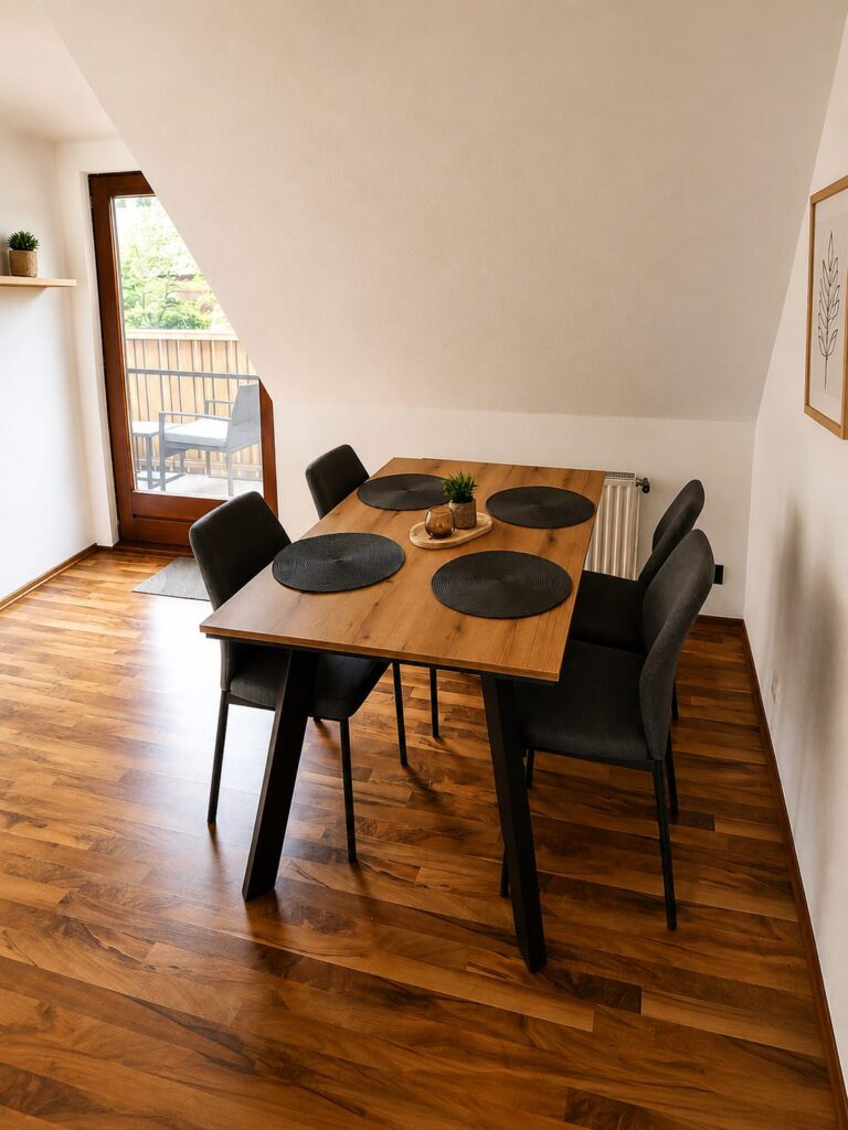 Esstisch mit vier Stühlen vor der Tür zum Balkon