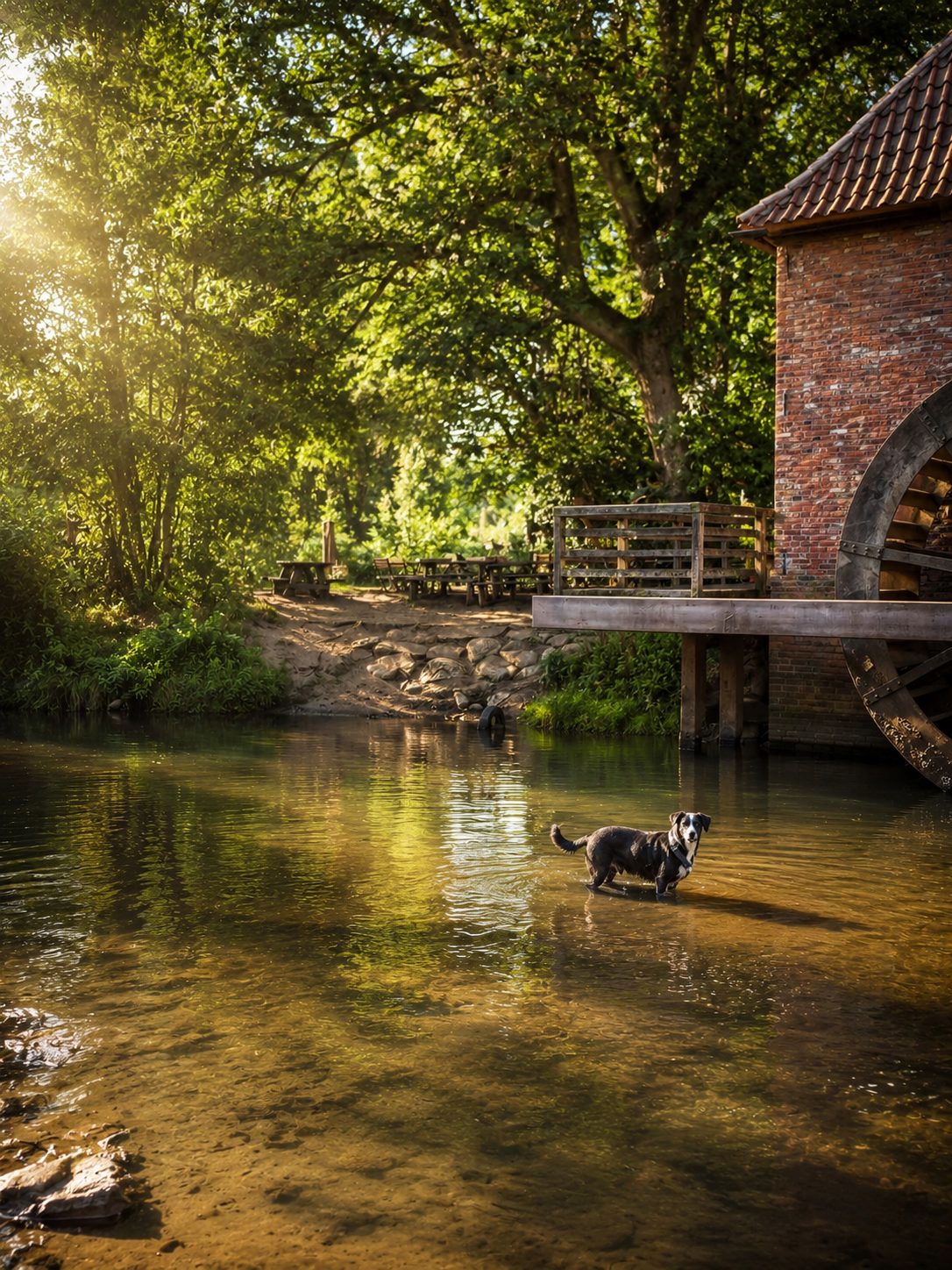 Mühlbach mit Wasserrad im Sonnenlicht