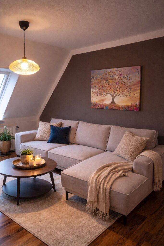 Wohnzimmer mit heller Couch und warmem Abendlicht