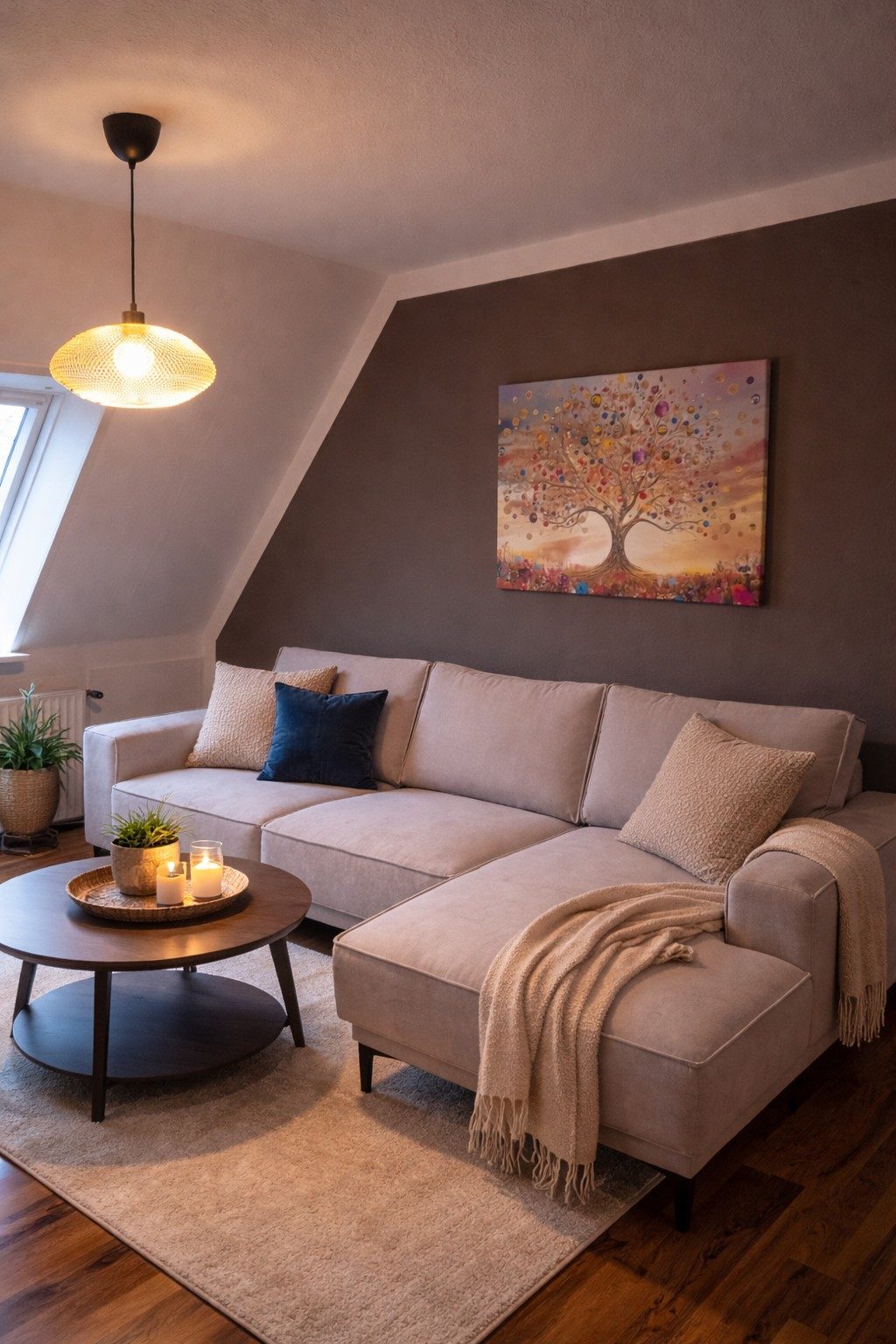 Living room with a light sofa in warm evening light
