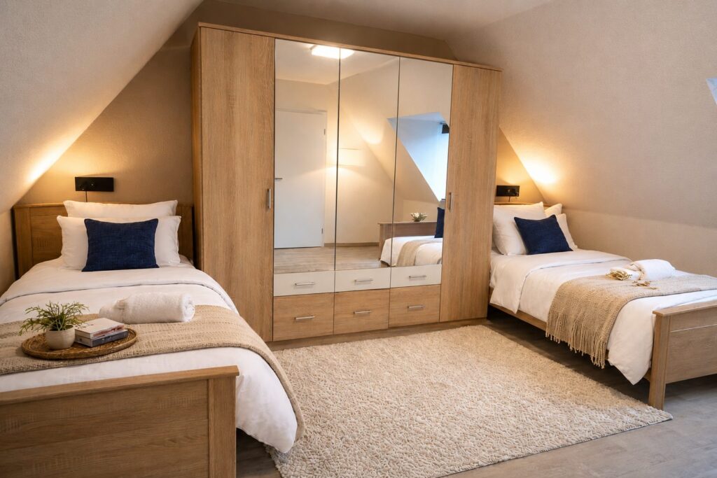 Schlafzimmer mit zwei Einzelbetten und großem Spiegelschrank